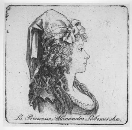Stara rycina. Przedstawia portret kobiety z profilu. Kobieta ma długie, kręcone włosy. Na głowie fantazyjnie upiętą chustę z kokardą. Suknia z dekoltem. Pod grafiką napis: La Princesse Alecandre Lubomisrka. 
