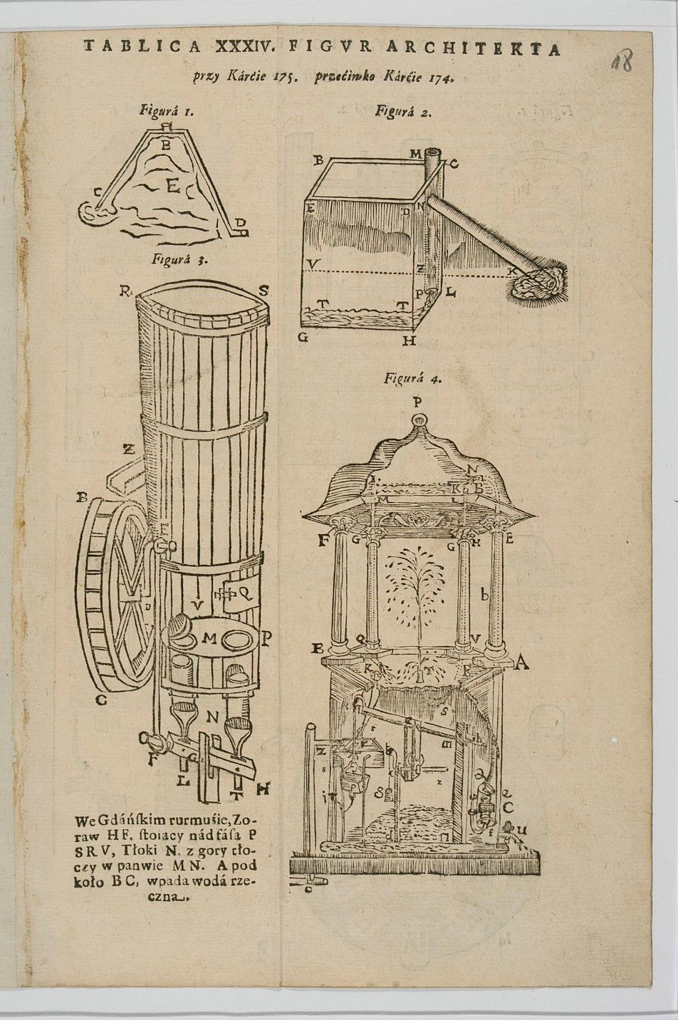 Karta z księgi. Jest to rysunek, która przedstawia mechanizmy fontann. Ilustracja do dzieła Stanisława Solskiego „Architekt polski, to jest nauka ulżenia wszelkich ciężarów”. 