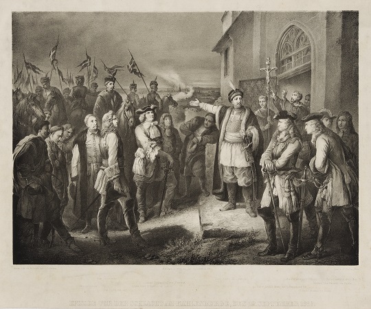 Grafika ze sceną zbiorową. Przy wejściu do pałacu zgromadzeni są żołnierze. Na pierwszym planie mężczyzna ubrany w strój historyczny, gestem ręki wskazuje na żołnierzy na koniach. Na przodzie sceny stoją mężczyźni ubrani w eleganckie stroje. Jest to grafika pt. Sobieski na Kahlenbergu.