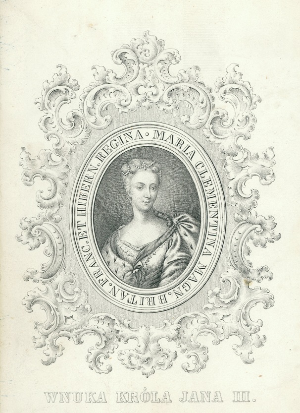 Grafika przedstawiająca portret w owalnej, dekoracyjnej ramie Marii Klementyny - wnuczki króla Jana III Sobieskiego. Kobieta w sukni z dekoltem i płaszczu narzuconym na ramiona. Włosy upięte do tyłu, przyozdobione perłami. 