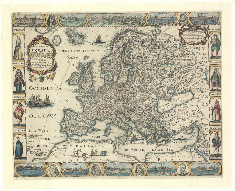 Mapa Europy z 17 wieku. Po bokach rama w której znajdują się portrety mężczyzn i kobiet z różnych krajów i narodowości oraz widoki miast z tego czasu.