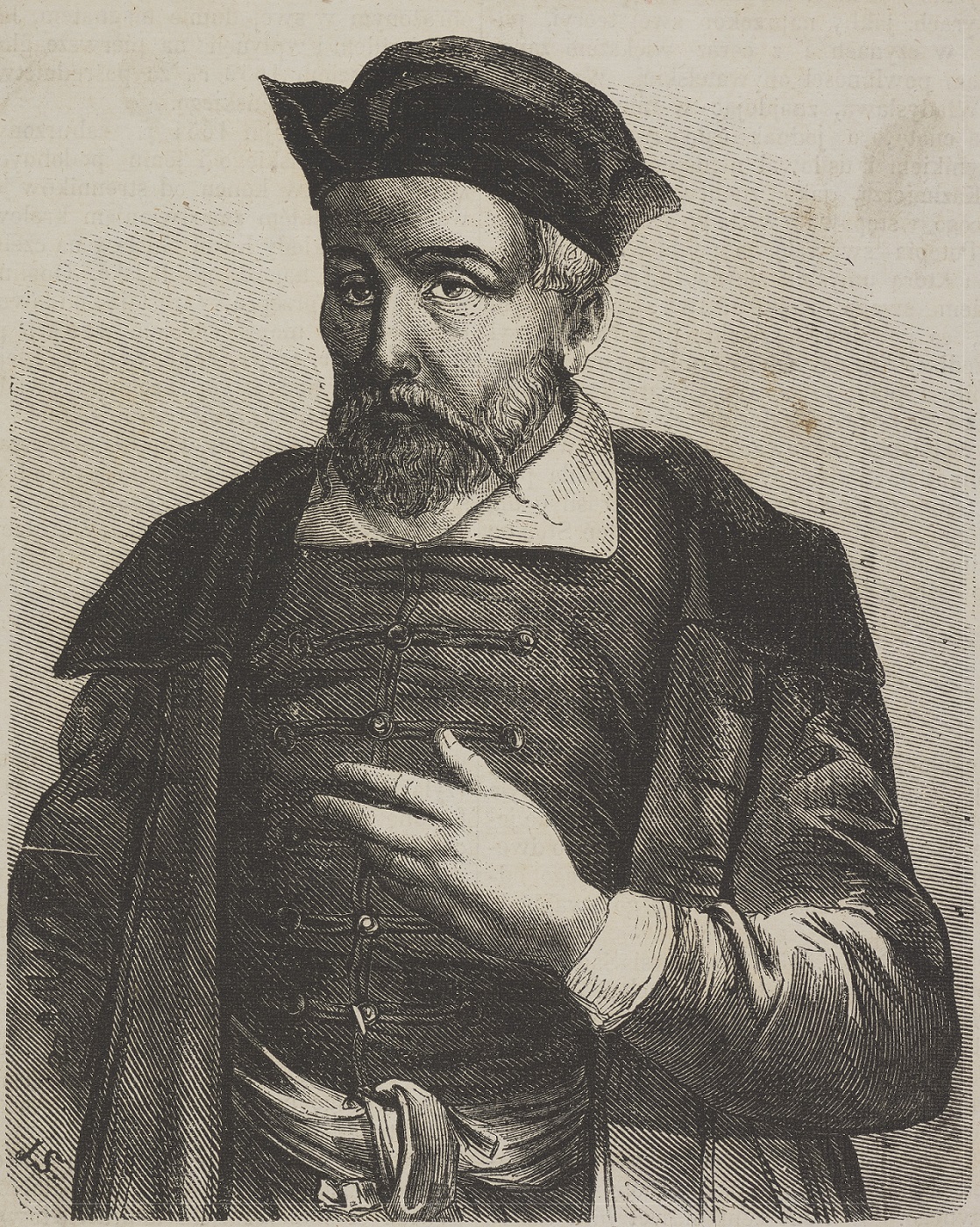 Stara rycina. Przedstawia brodatego mężczyznę w średnim wieku, w płaszczu i kamizelce, z białym kołnierzem. Na głowie ma czapkę. Lewą ręką wykonuje gest. Jest to portret Michała Sędziwoja. 


