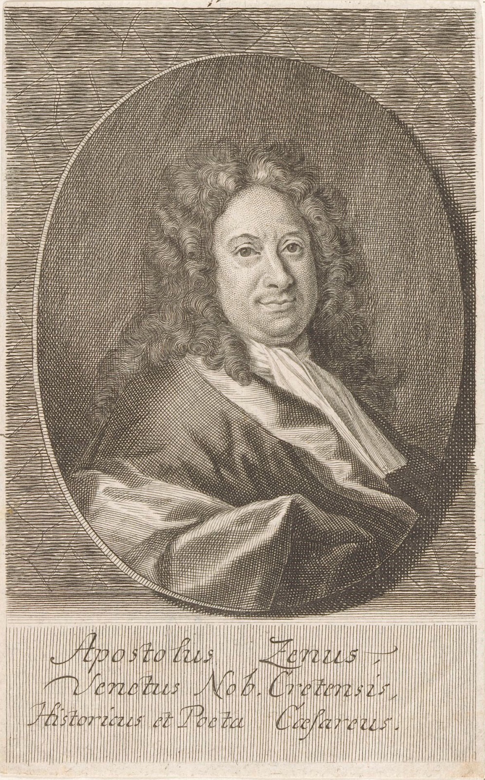 Stara rycina. Przedstawia portret męski w eliptycznej ramie wpisanej w prostokąt. Mężczyzna w średnim wieku, z długimi, kręconymi włosami. Ubrany w obszerną szatę, pod szyją biała chustka. Patrzy na wprost. Pod grafiką napisy Jest to Portret Apostola Zena. 