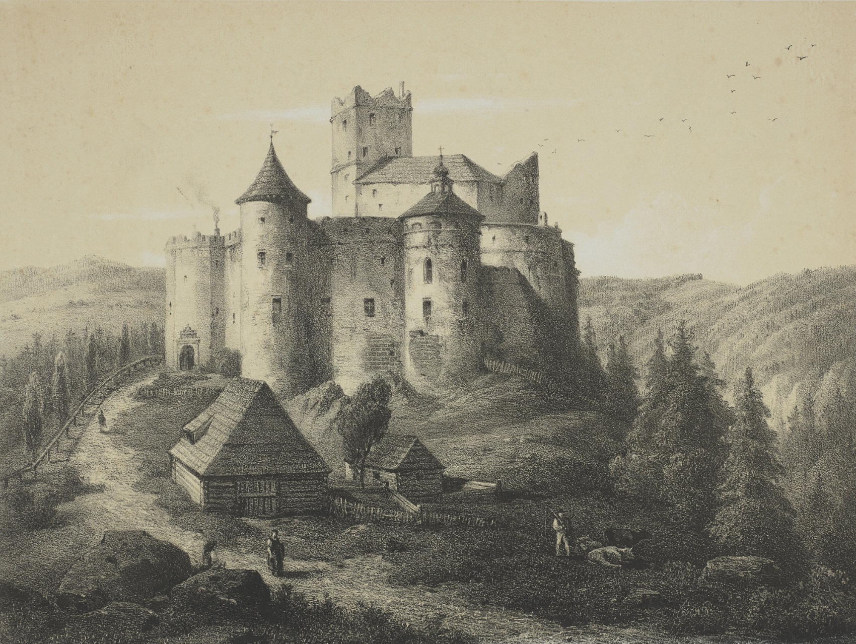 Rycina przedstawia zamek na lekkim wzniesieniu, na tle pejzażu. Przed okazałą budowlą stoją dwa drewniane domy. Nieopodal mężczyzna pilnujący krowy, oraz kobieta  idąca drogą. Jest to zamek Niedzica czyli Dunajec, rycina wg wzoru Józefa Stefana Szalaya wykonana przed 1858 r. 