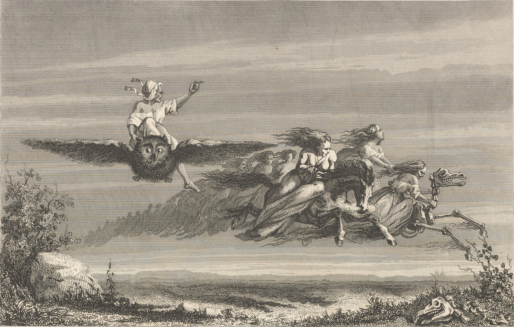 Grafika przedstawia kobiety unoszące się nad ziemią. Jedna dosiadła konia, duga szkielet konia, Trzecia siedzi na wielkim ptaszysku, które przypomina sowę. Za mini kolejne kobiety. Poniżej pejzaż i na pierwszy planie, po prawej stronie, w dolnym rogu czaszka zwierzęcia. Rycina ma tytuł „Czarownice”. 