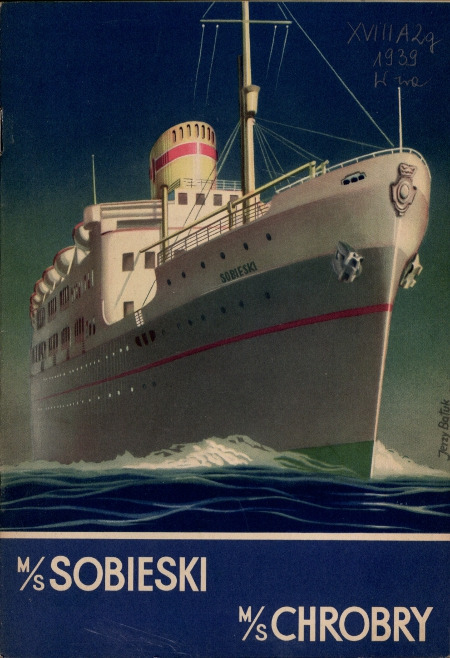 Stara pocztówka. Ukazuje statek pasażerski MS Sobieski. Został zbudowany w 1937 roku z przeznaczeniem na rejsy południowoamerykańskie. W czasie wojny służył jako transportowiec wojska, w roku 1950 został sprzedany ZSRR i zmienił nazwę na MS Gruzja. 
