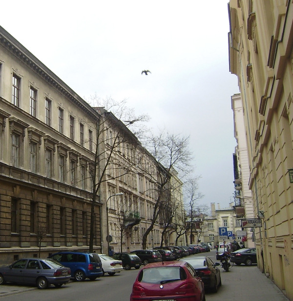 Kolorowa, współczesna fotografia. Przedstawia ulicę i długi budynek. Jest to m.in. Liceum im. Jana III Sobieskiego w Krakowie. Szkoła do dzisiaj mieści się przy ulicy Sobieskiego. Na ulicy stoją kolorowe samochody. 