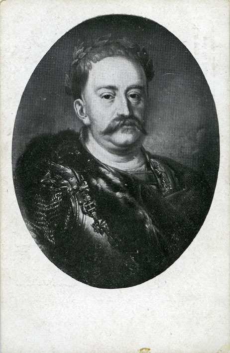 Grafika przedstawia popiersie krola Jana III Sobieskiego. Mężczyzna z wąsem. Ubrany w zbroję i płaszcz. Patrzy na wprost dumnie i spokonie. 