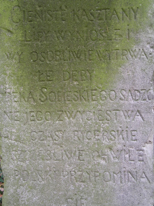 Stara tablica kamienna z napisem: "Cieniste kasztany, lipy wyniosłe i wy osobliwie wtrwałe dęby ręką Sobieskiego sadzone jego zwycięstwa czasy rycerskie, szcześliwe chwile Polski przypomina...". 