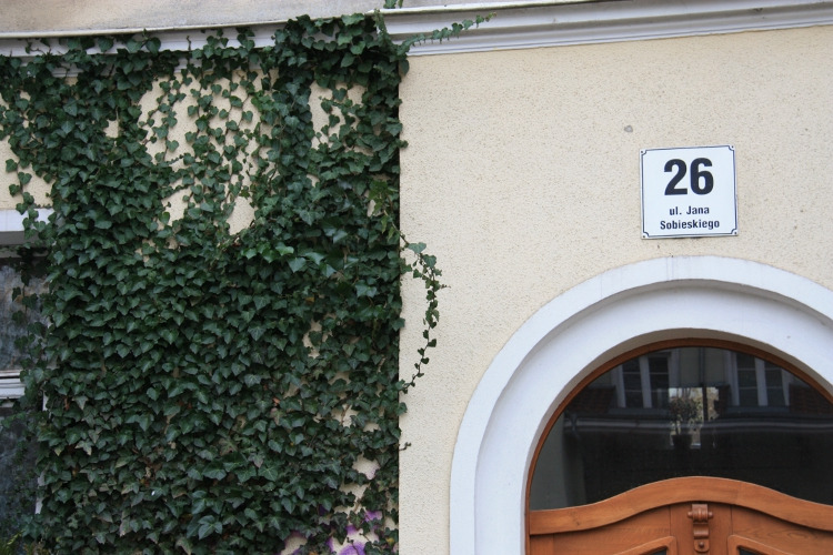 Zdjęcie współczesne, kolorowe. Po prawej stronie fragment wejścia, nad nim napis: 26 ul. Jana Sobieskiego. Po lewej okno przesłonięte zieloną roślinnością.