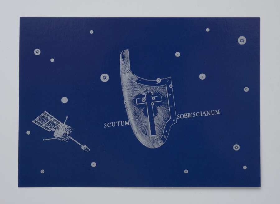 Kartka z elementem grafiki pochodzącym z dzieła Jana Heweliusza Firmamentum Sobiescianum. 