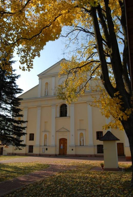 Kolorowa fotografia współczesna. Przedstawia fasadę kościoła przesłoniętą koroną drzew z żółtymi liśćmi. Jest to kościół podominikański w Wielkich Oczach.
