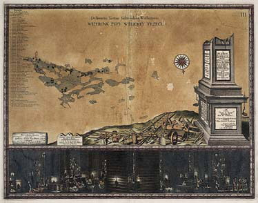 Stara ilustracja barwna podzielona na dwa pola. Pierwsze pole, to ciemny pas w którym znajdują się jakieś przedmioty. Drugie pole przedstawia fragment obelisku i rozrzucone narzędzia. Powyżej mapa i napisy. Jest to plan Wieliczki i III poziom kopalni. 
