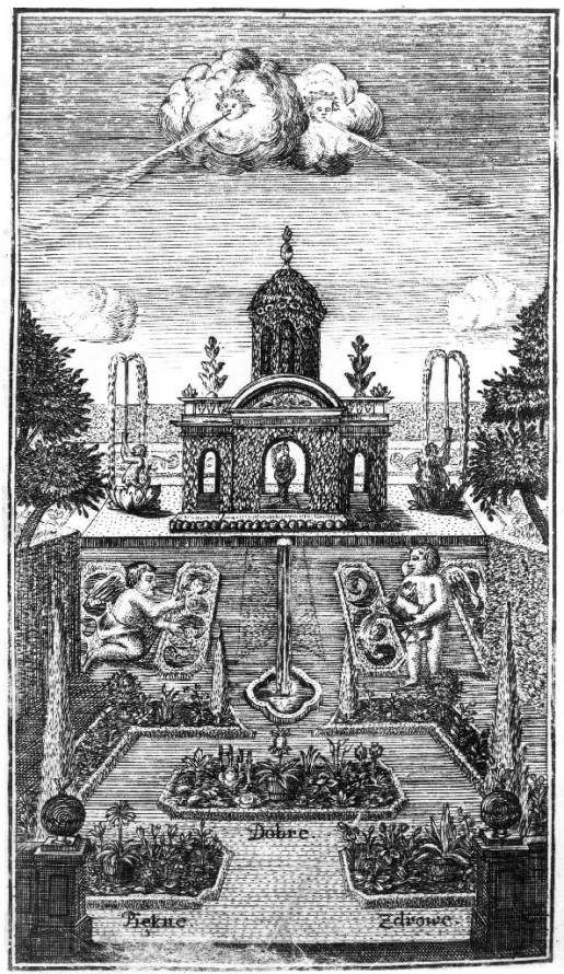 Stara rycina. Przedstawia widok na ogród oraz mały budynek w ogrodzie. Na pierwszym planie rabatki z kwiatami. Na drugim planie dwie rzeźby amorków. Powyżej schody oraz fontanna. Na niebie dwie chmury a w środku nich są twarze aniołków (wiatrów), które dmuchają na zewnątrz.