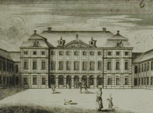 Grafika przedstawia pałac i plac po którym spacerują ludzie. Jest to Pałac Radziwiłłów w 1762 roku. 