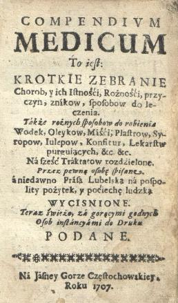 Zdjęcie przedstawia starą pożółkłą kartę. U góry napis Compendium Medicum. Poniżej tekst w języku polskim. 