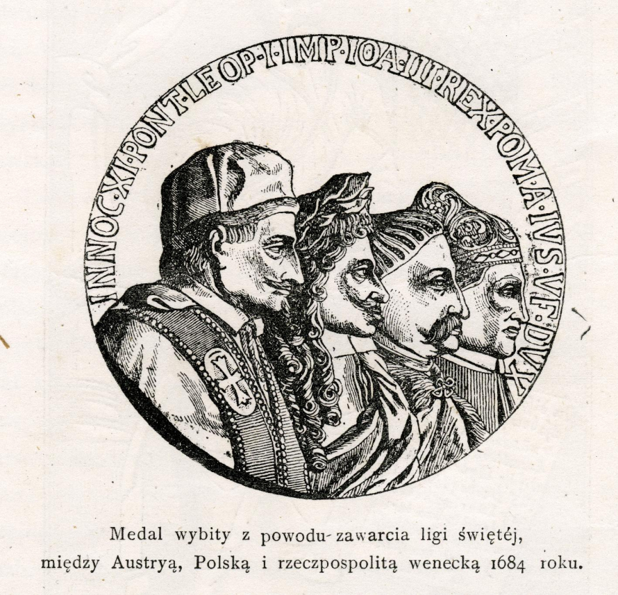 Grafika przedstawia medal wybity z powodu zawarcia ligi świętej między Austrią, Polską i Rzeczpospolitą wenecką w 1684 roku. Na medalu widzimy czterech mężczyzn ujętych z profilu. Wszyscy ubrani są stroje historyczne.