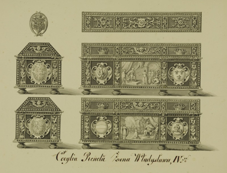 Ilustracja przedstawia rysunki sarkofagu pokazanego z przodu, z boku i od tyłu, wraz z bogatymi zdobieniami. Jest to sarkofag królowej Cecylii Renaty, żony Władysława IV. 
