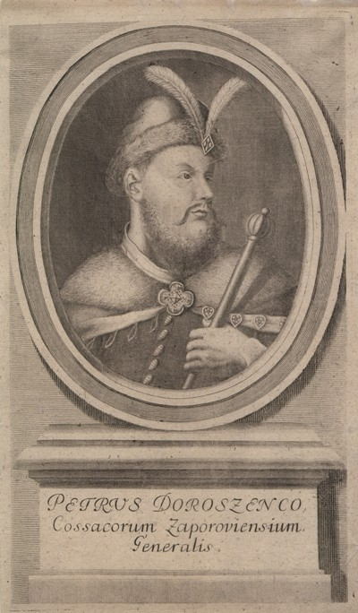 Portret w owalnej ramie. Przedstawia mężczyznę w średnim wieku, z brodą i wąsem. Ubrany w strój historyczny, w ręce trzyma buławę. Patrzy w bok. Pod ramą opis. Jest to portret Piotra  Doroszenko. 
