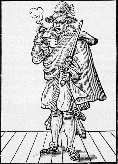 Grafika przedstawia młodego mężczyznę ubranego w strój historyczny. Ma krótkie spodnie do kolan zawiązane na kokardę, obszerny, krótki płaszcz i duży kapelusz na głowie. Mężczyzna pali fajkę. W lewej ręce trzyma miecz. Uwagę zwracają jego fikuśne buty z kwiatami. Jest to najemny żołnierz palący fajkę. 