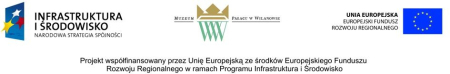 Poziomy baner z logotypami. Po lewej stronie logotypy Infrastruktury i Środowiska, pośrodku logotyp Muzeum Pałac w Wilanowie, po prawej stronie logotyp Unii Europejskiej.