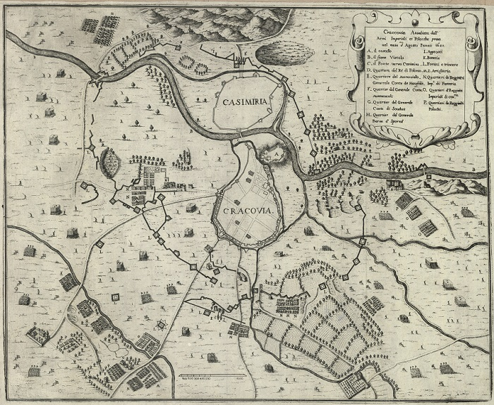 Rycina z mapą Krakowa. Przedstawia oblężenie tego miasta przez wojska polskie i cesarskie w 1657 roku. To rycina według rysunku Isidoro Affaitatiego, między 1670 a 1674.
