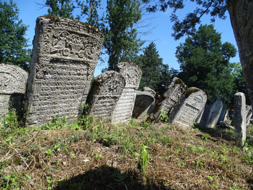 Kolorowe zdjęcie współczesne. Przedstawia cmentarz żydowski. Nagrobki są stare, pochylone do przodu. Mają na płytach bogate zdobienia i teksty. 