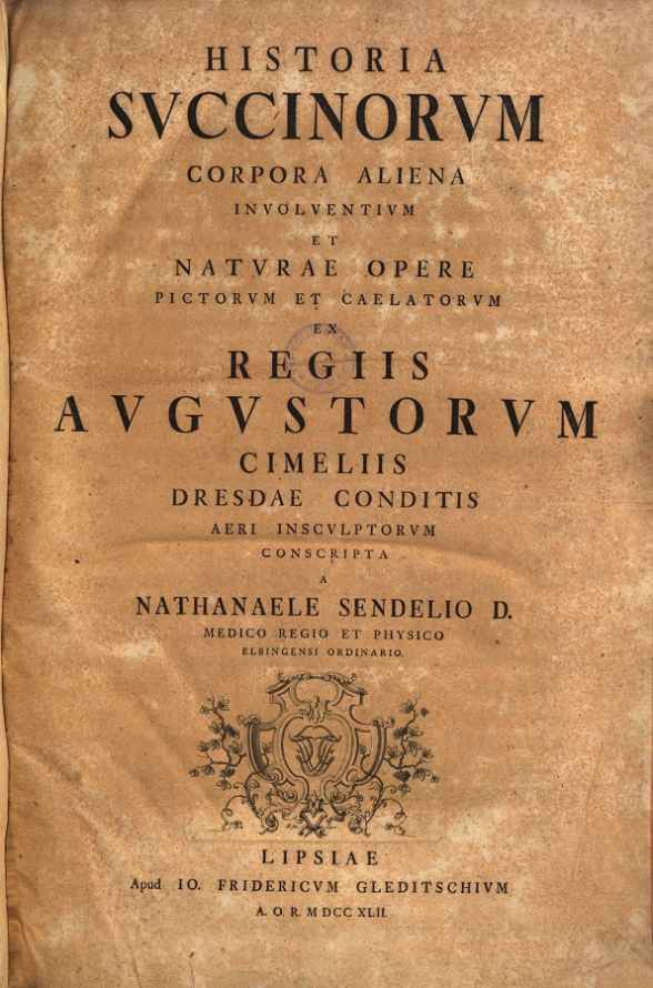 Strona tytułowa z dzieła Nathanaela Sendela „Historia succinorum corpora alieno anvolventium et Naturae opere...”. 