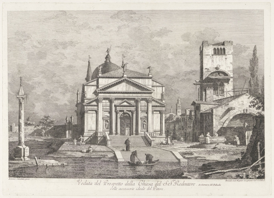 Stara rycina z przedstawieniem widoku na budowlę w stylu renesansowym lub klasycyzującym. Do budowli prowadzą schody. Po prawej stronie zabudowania i częściowo rozburzona od góry wieża. Po lewej stronie obelisk. Przed budowlą rozlewisko wody i dwójka ludzi na łódce.