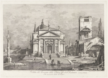 Stara rycina z przedstawieniem widoku na budowlę w stylu renesansowym lub klasycyzującym. Do budowli prowadzą schody. Po prawej stronie zabudowania i częściowo rozburzona od góry wieża. Po lewej stronie obelisk. Przed budowlą rozlewisko wody i dwójka ludzi na łódce.