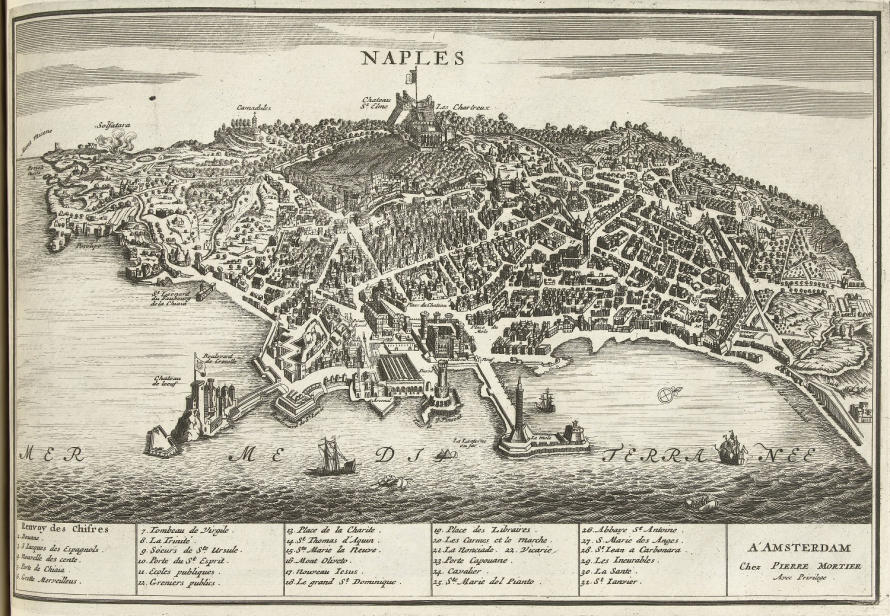 Stara rycina. Przedstawia widok miasta. U góry na środku napis: Naples. Poniżej, w kolumnach opisy poszczególnych miejsc.