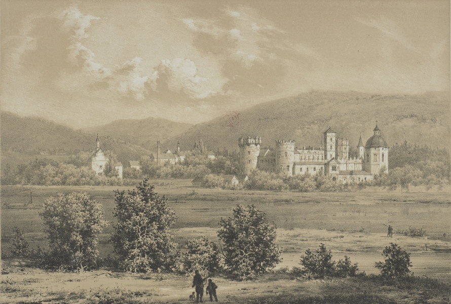 Rycina przedstawia pejzaż z zamkiem. Na pierwszym planie drzewa i krzewy oraz dwójka ludzi z psem. W tle jasny zamek i inne zabudowania, być może kościół oraz domy. Na niebie białe chmury. Jest to zamek Krasiczyn nad rzeką Sanem, rycina Alojzego Misierowicza wg wzoru Napoleona Ordy z 1880 r. 