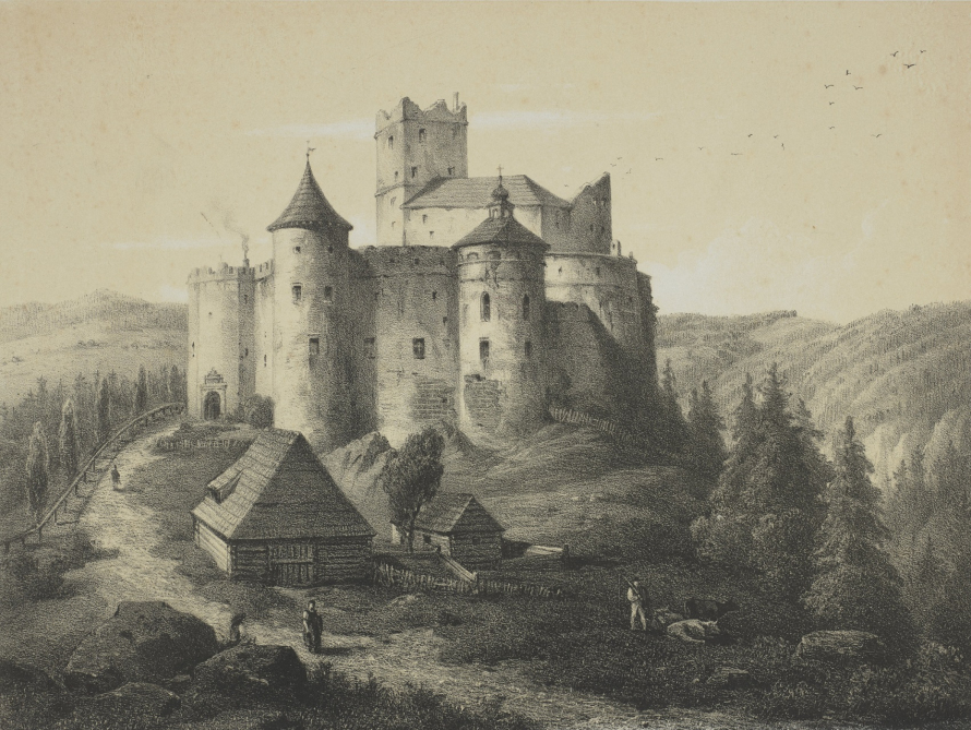 Rycina przedstawia zamek na lekkim wzniesieniu, na tle pejzażu. Przed okazałą budowlą stoją dwa drewniane domy. Nieopodal mężczyzna pilnujący krowy, oraz kobieta  idąca drogą. Jest to zamek Niedzica czyli Dunajec, rycina wg wzoru Józefa Stefana Szalaya wykonana przed 1858 r. 