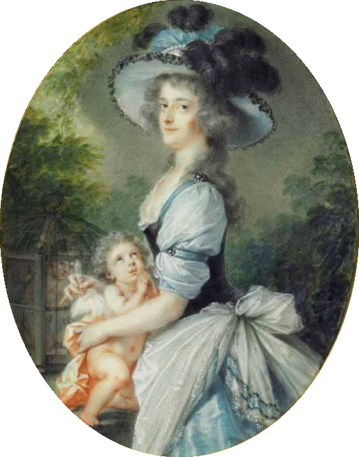 Portret kobiety z amorem. Kobieta ubrana w błękitną suknię i duży błękitny kapelusz dekorowany piórami. Amor przytula się do niej a ona obejmuje go rękami. Za nimi, po lewej stronie klatka w której zamknięty jest drugi amor. W tle zielone drzewa i niebo. Jest to domniemany portret Łucji Franciszki z Lubomirskich Tyszkiewiczowej. 