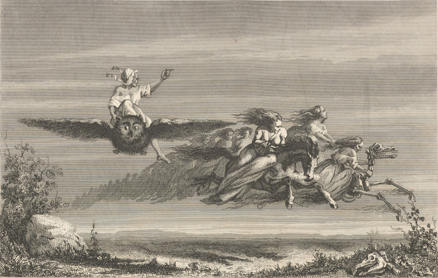 Grafika przedstawia kobiety unoszące się nad ziemią. Jedna dosiadła konia, duga szkielet konia, Trzecia siedzi na wielkim ptaszysku, które przypomina sowę. Za mini kolejne kobiety. Poniżej pejzaż i na pierwszy planie, po prawej stronie, w dolnym rogu czaszka zwierzęcia. Rycina ma tytuł „Czarownice”. 