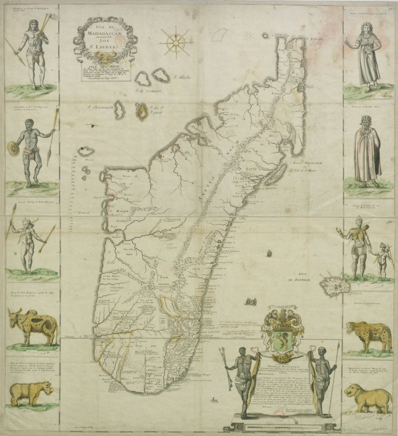 Stara mapa. Pośrodku znajduje się Wyspa Madagaskar. Wskazuje na to opis w lewym górnym roguPo prawej i lewej stronie umieszczono portrety mieszkańców tej wyspy oraz zwierząt, które ją zamieszkują. 
