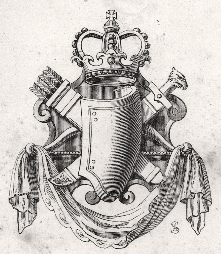 Grafika przedstawia herb. Pośrodku tarcza i symbole walki: miecz i strzały do łuku. Poniżej draperia podwiązana na poziomym pręcie. Nad tarczą herbu korona. Jest to herb Jana III Sobieskiego - Janina.