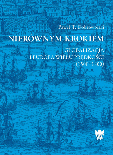 Niebieska okładka książki z przedstawieniem statków żaglowych, w tle zabudowania miasta.