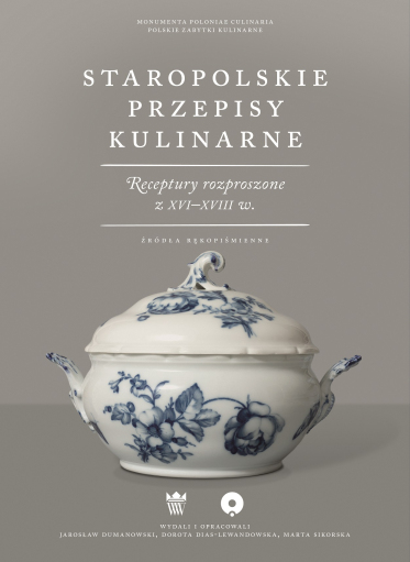 Szara okładka książki z porcelanową białą wazą z pokrywą na zupę ozdobioną niebieskimi kwiatami.