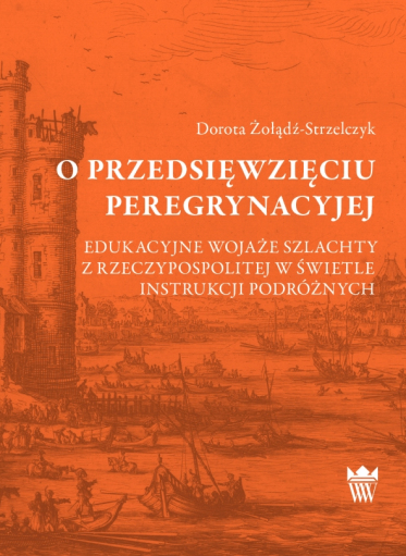 Pomarańczowa okładka książki z widokiem graficznym wierzy po lewej stronie, statkami i łodziami na wodzie.