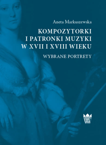 Niebieska okładka książki z przedstawieniem kobiety z odkrytą piersią trzymającą instrument smyczkowy.