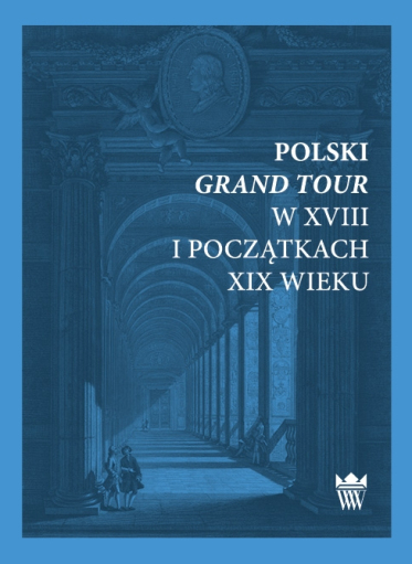 Niebieska okładka książki z ryciną przedstawiającą monumentalne podcienie z dwójką ludzi na pierwszym planie.