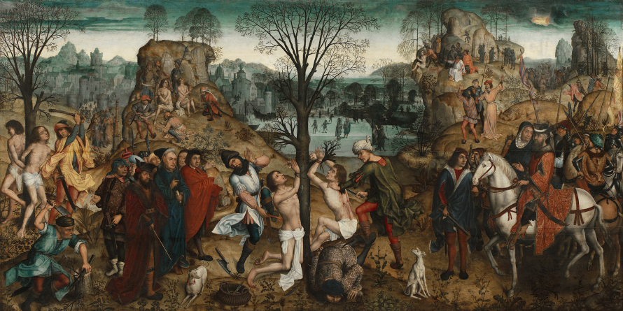 Obraz olejny w poziomym prostokącie przedstawiający w samym centrum scenę męczęństwa świętych Kryspina i Kryspiniana w pochmurny dzień.  Obaj mężczyźni przywiązani są do drzewa, prawie nadzy, dwóch mężczyzn za nimi, zadaje im na plecach rany nożami. Wokół wiele przyglądających się osób/ W tle krajobraz z miastem i jeziorem.